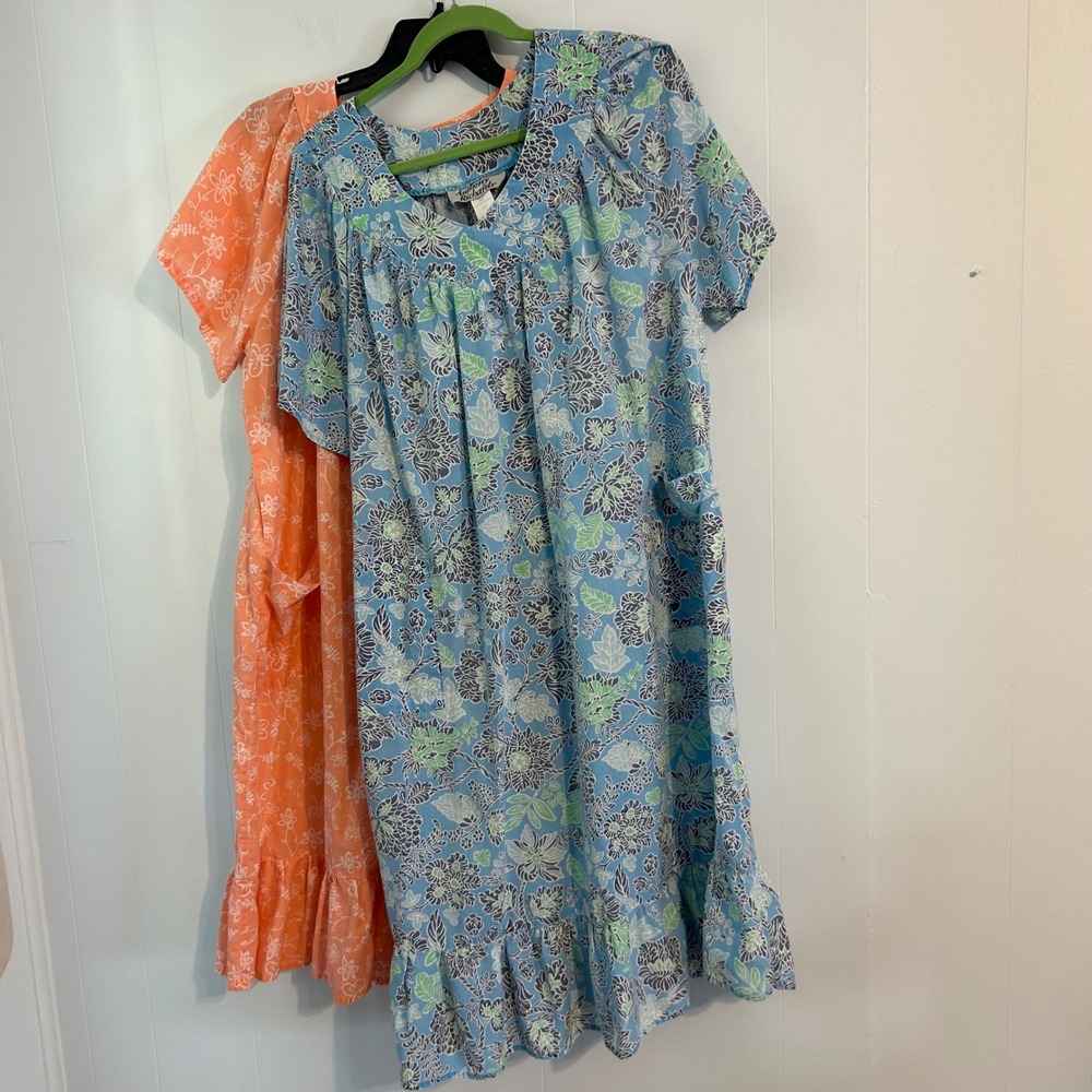 Anthony Richards Womens 1X Floral House Dress/Nightgown Set of 2 Blue/Coral Pock